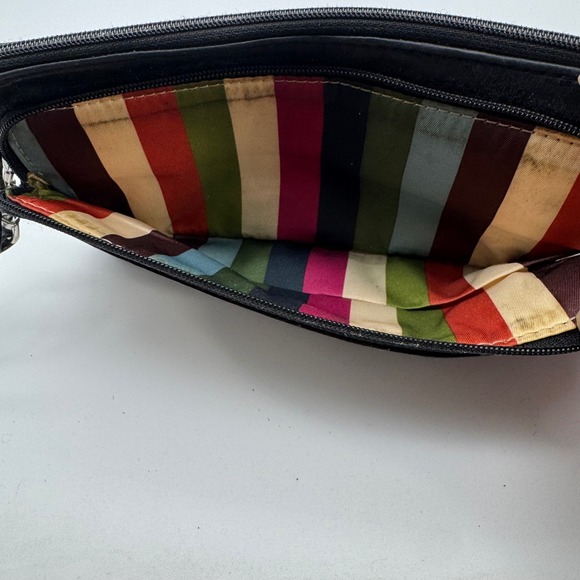 Coach Black Leather Wristlet Clutch Bag Colorful Striped Interior